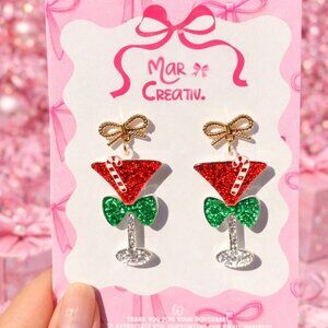 Christmas Martini Earrings Candy Cane Bow Dangle Earrings Glitter Holiday Statem